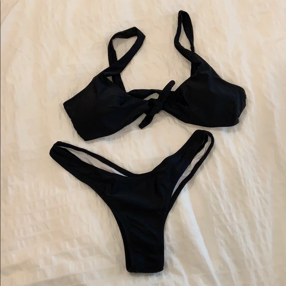 Black two piece front tie top swim suit, size M